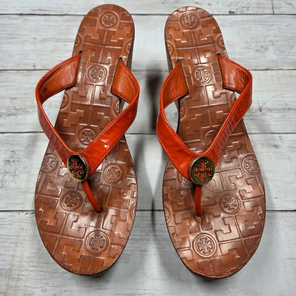 Tory Burch Thora Wedge Sandals Thong Cork Platform Women 7.5 Orange